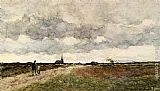Road Canvas Paintings - Figures On A Country Road, A Church In The Distance